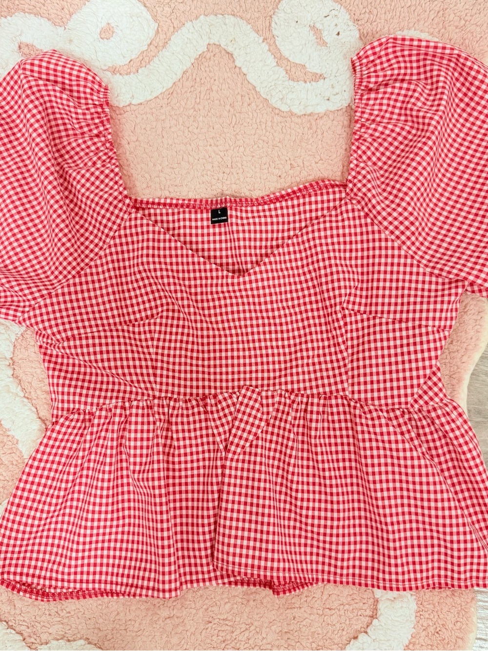 SHEIN Red Gingham Peplum Puff Sleeve Blouse